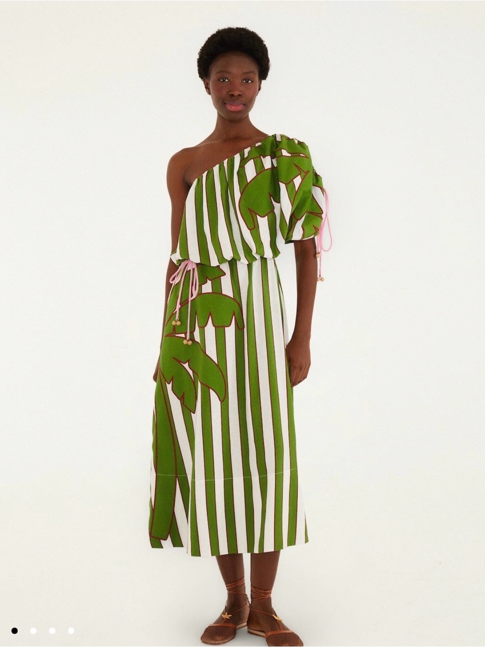 FARM Rio Green & White One-Shoulder Striped Midi Dress with Pink Accents